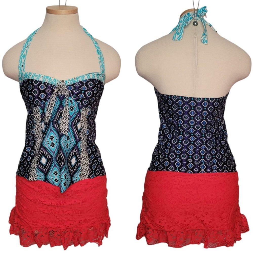 Kenneth Cole Blue Purple Halter Tankini Swim Top